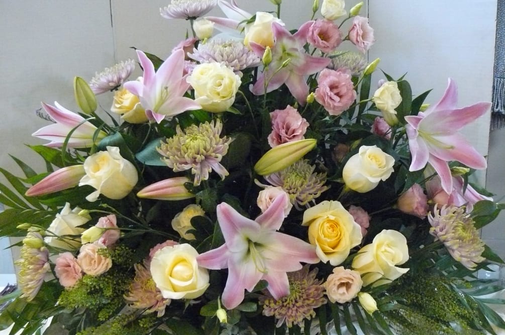 Pink Hybrid Lilies, Yellow Roses, Garden Pink Roses, Lisianthus,  Green/Pink Cremons