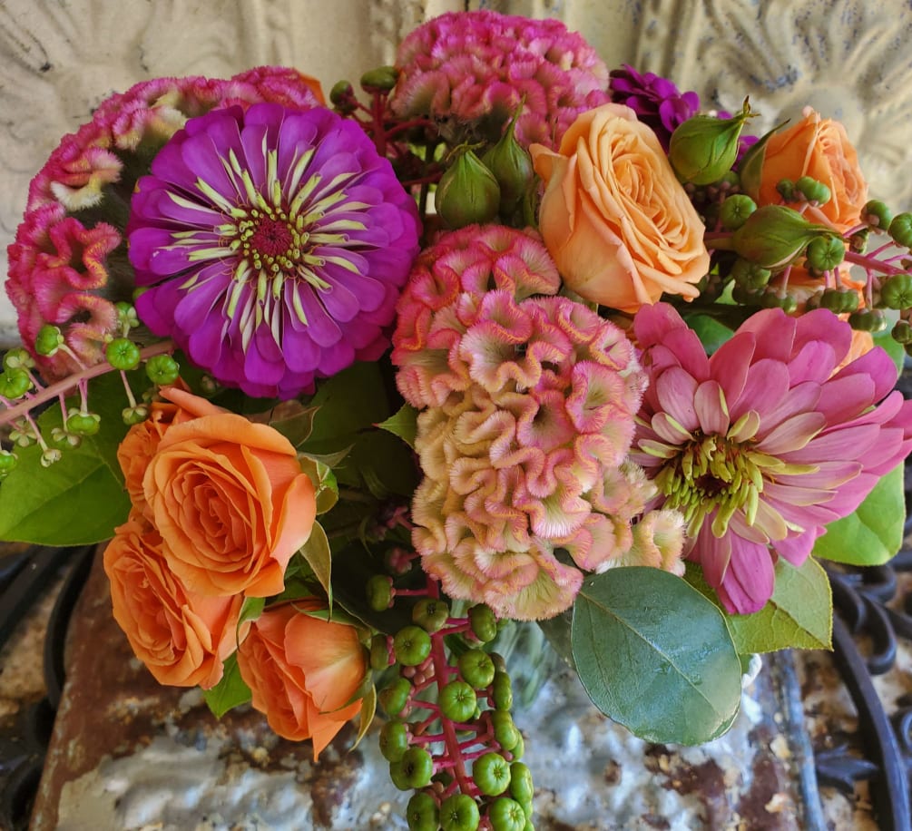 We get happy just looking at this bouquet of cockscombs, zinnias, pokeberries