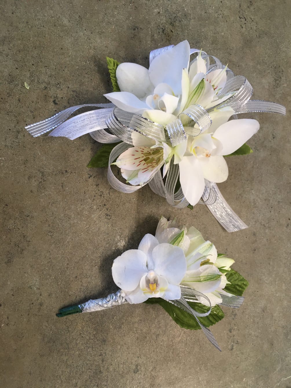 White Orchid Corsage and Boutonniere Set by Belinda s Blooms