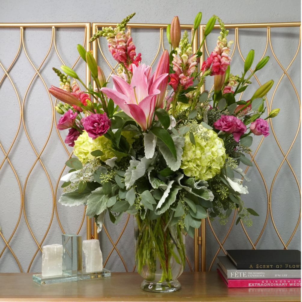 Pink mix with Lilies, hydrangea, lisianthus, snapdragons, seeded eucalyptus, snowberries and dusty