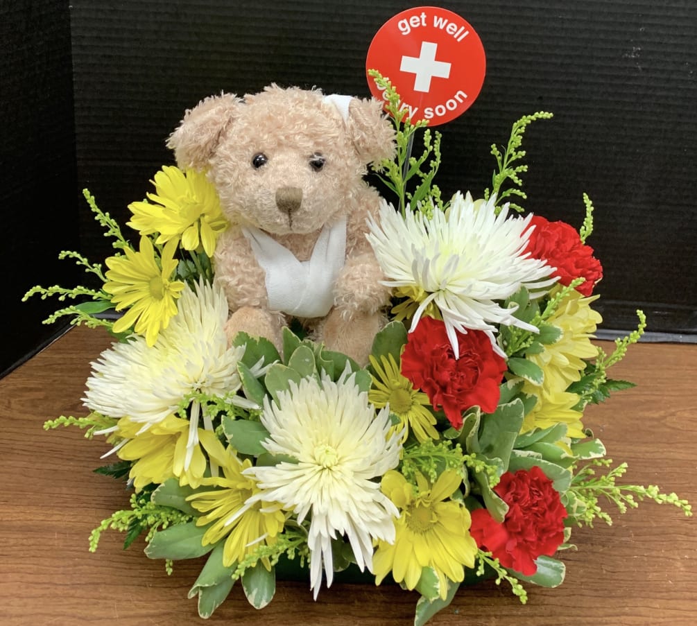 Get well soon flowers and teddy bear 2025