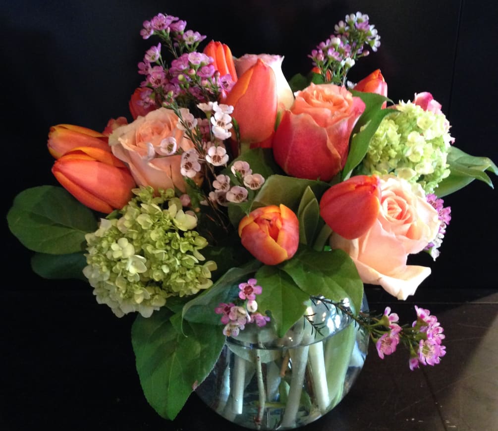 Bubble Bowl of Hydrangea, Tulips, Roses and more