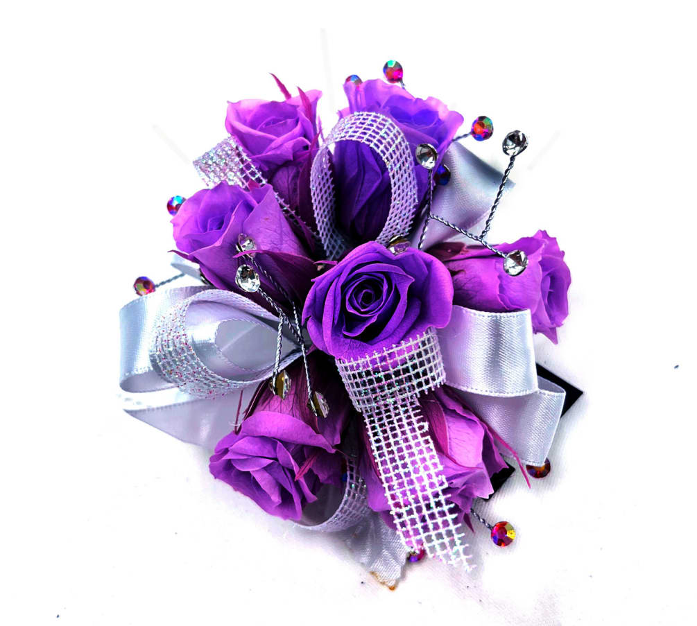 Forever Keepsake Corsage Custom Made with Purple Preserved Roses