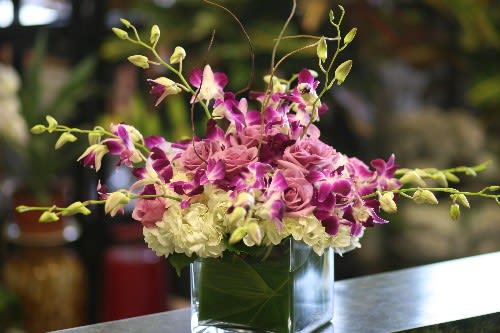 Purple orchids, purple roses and  white hydrangea in a glass cube