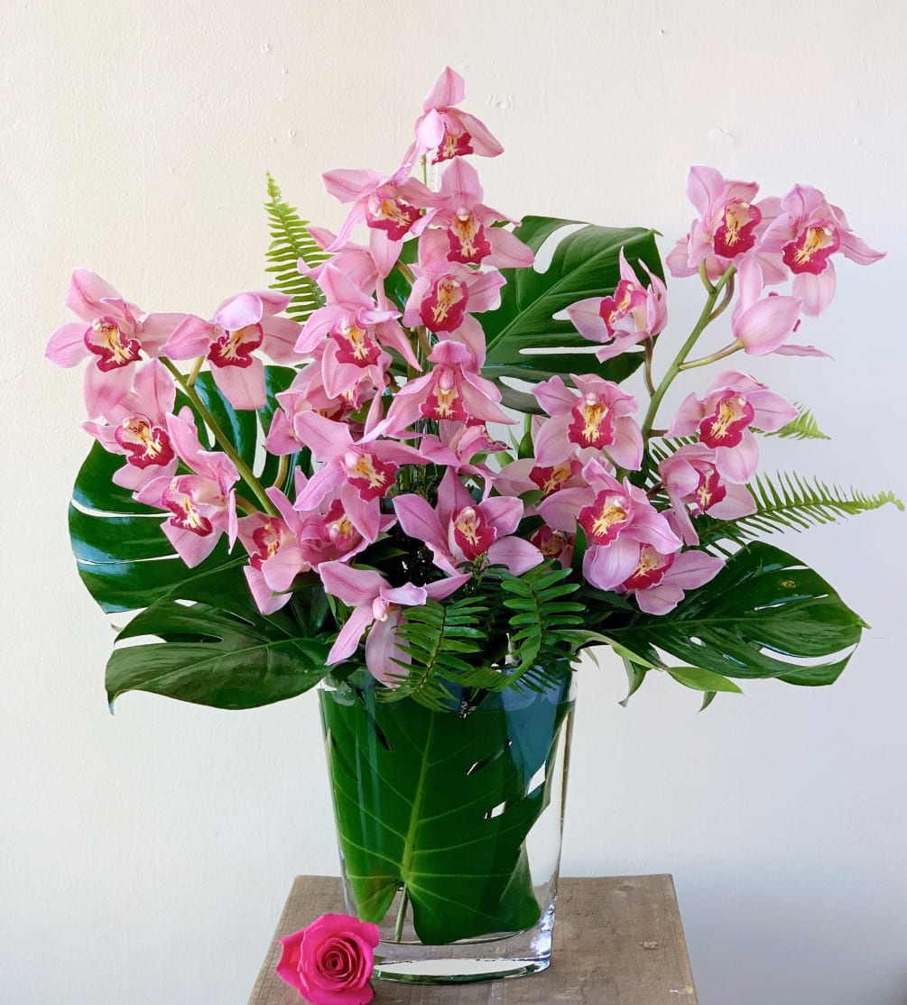 A gorgeous and modern display of long lasting cymbidium orchids arranged with