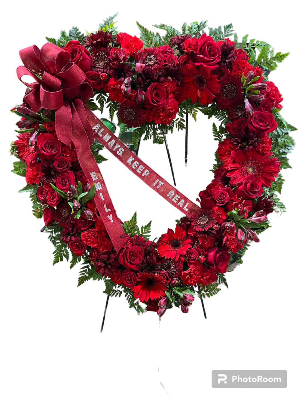 heart shaped wreath all in red ,Roses, Gerbera daisy, alstroemeria, poms, 