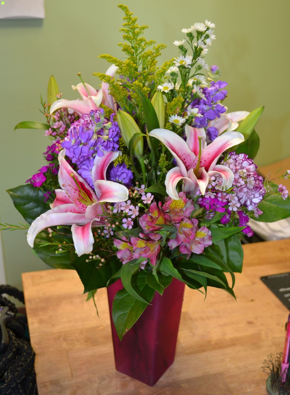 Stargazer lilies, Alstro, Stock, Carnations, Wax, Sweet William, Solidago and more in