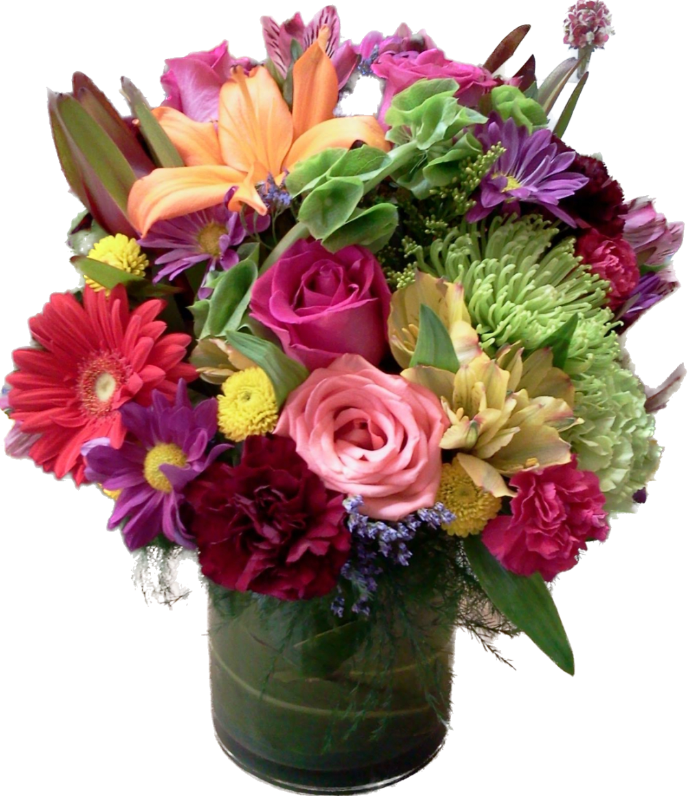 An arrangement with mixed flowers an filled  with many colors to