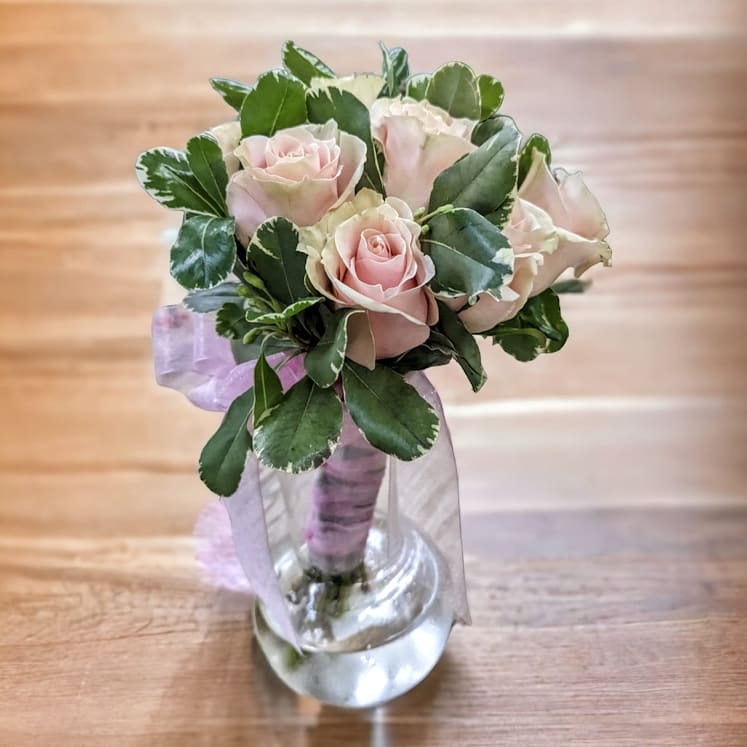 6 Pink Roses with foliage Ribbon Wrapped are perfect as a bridal