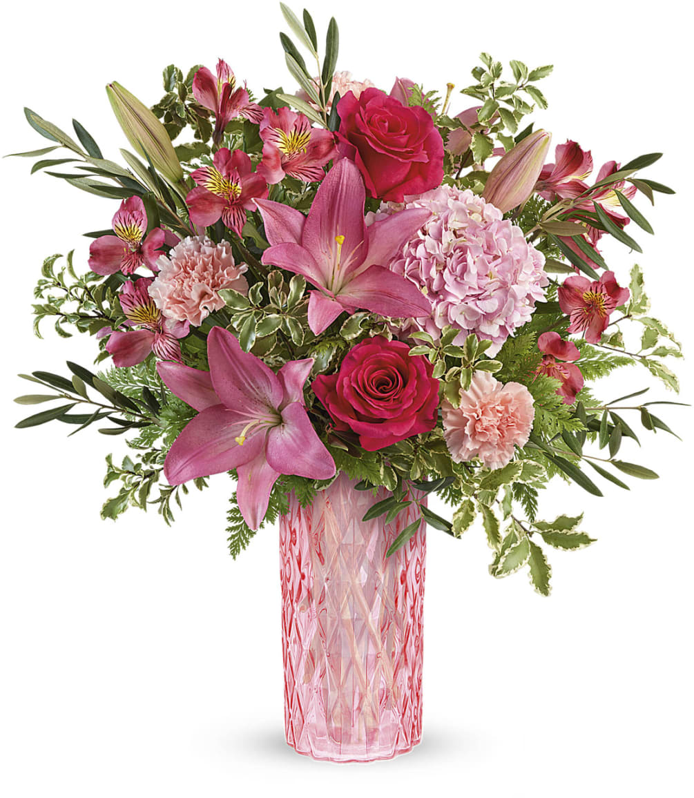 Exquisitely arranged lilies, roses, hydrangeas, alstromeria &amp; carnations in this stunning bouquet