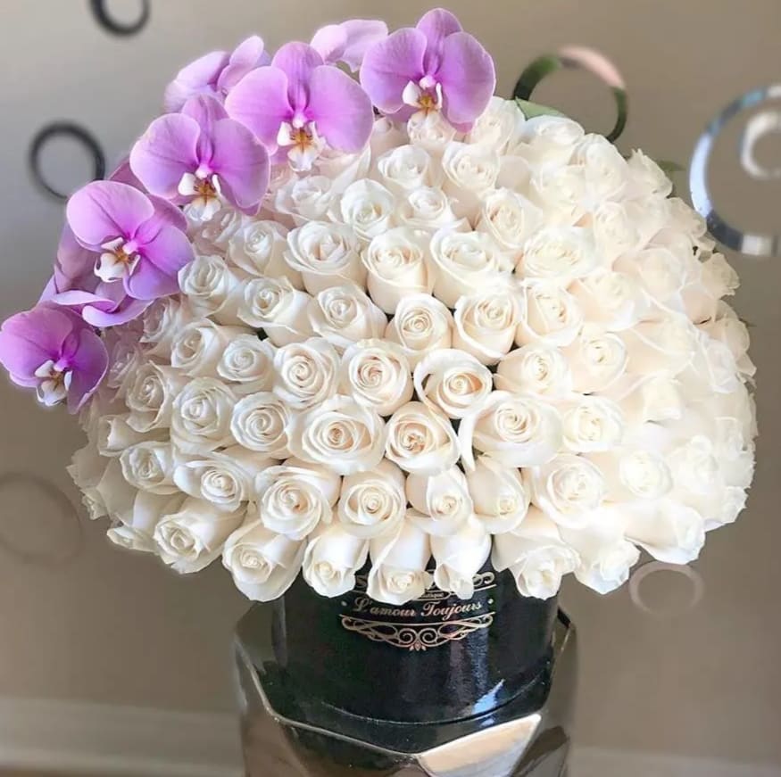 100 Premium White Roses with Pink Orchid