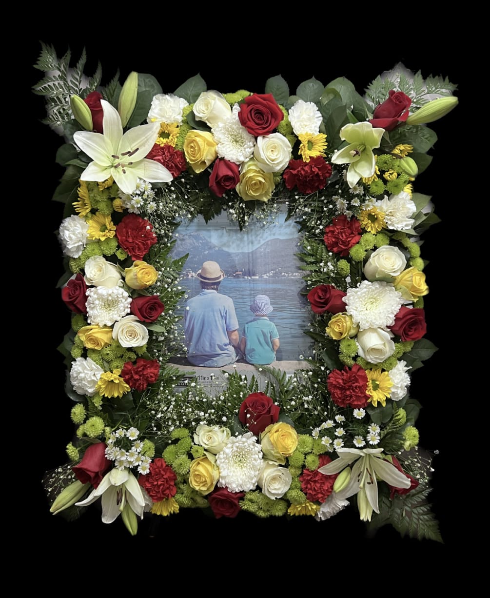 Red, Yellow and White Funeral picture arrangement (15x17 frame size)