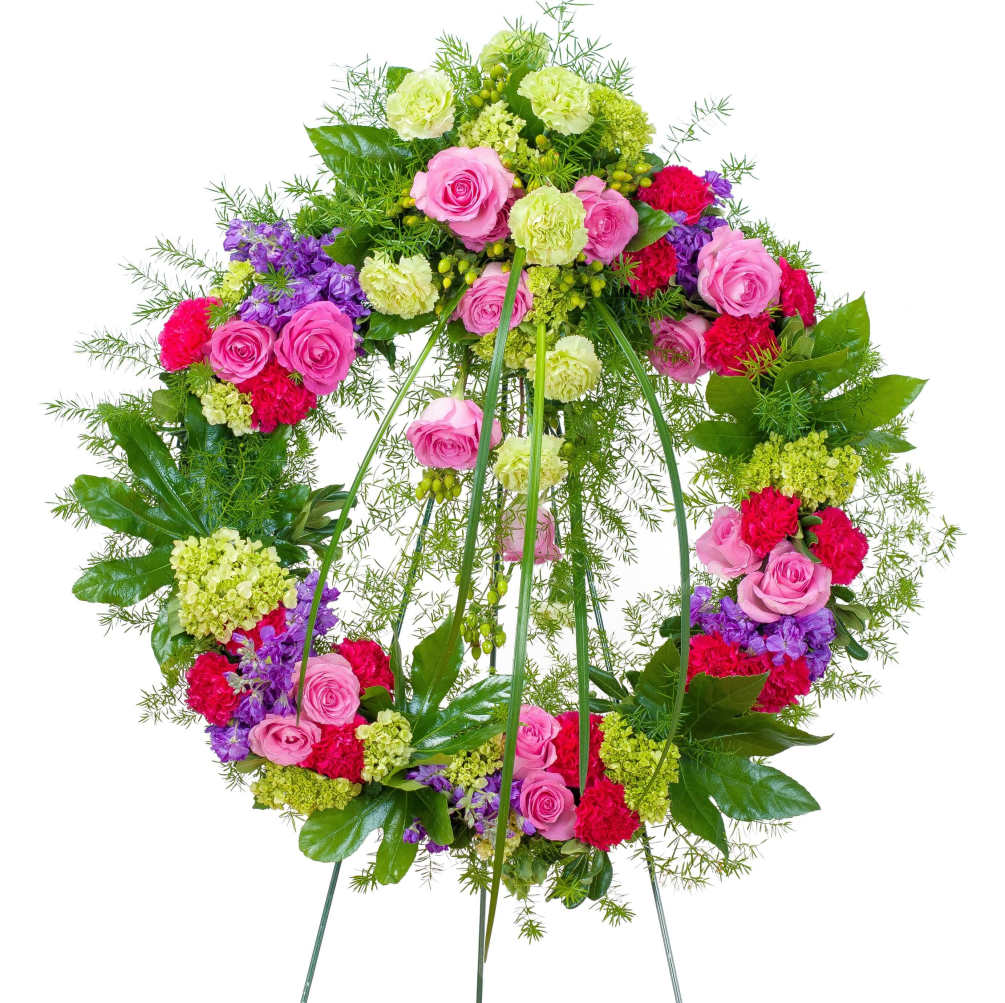 This beautiful wreath with a combination of pink and purple flowers will
