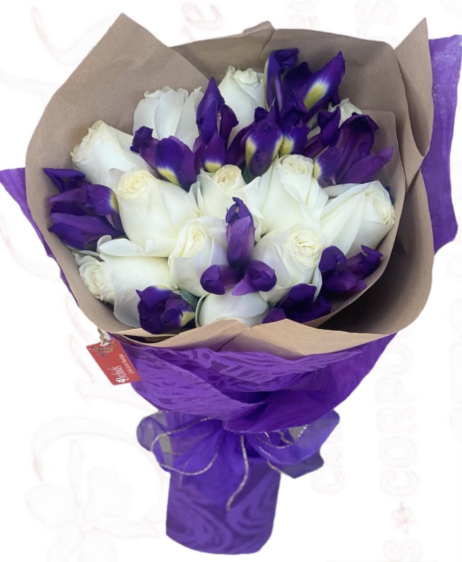 Send them this elegant white premium long stem roses accented with Iris