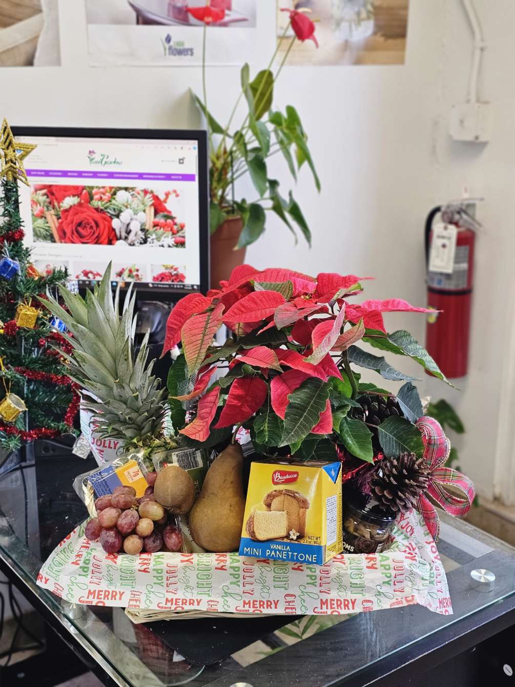 Gourmet fruit basket including a Christmas poinsettia plant and tropical fruits

Variety of