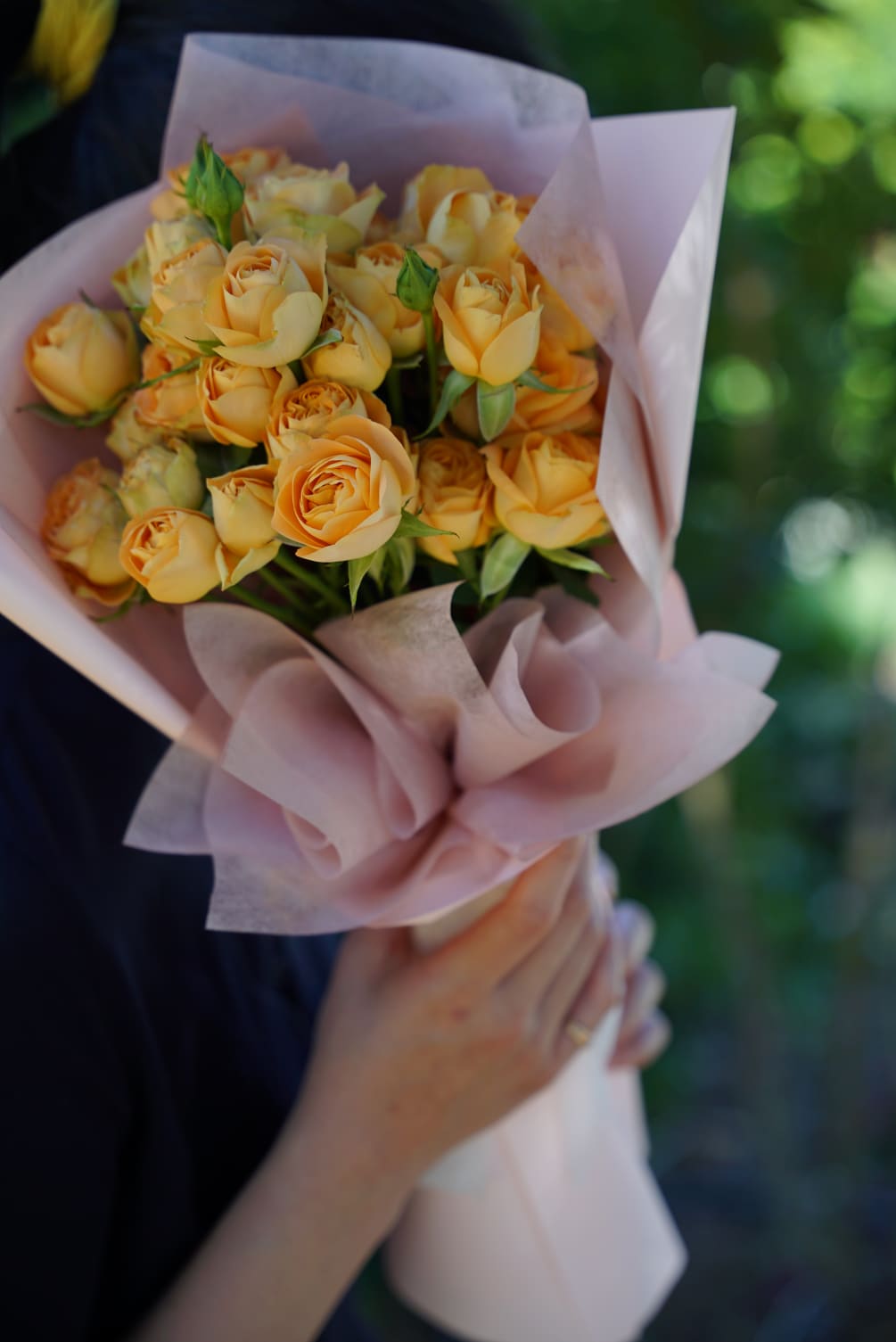 Yellow Garden Rose Wrapped Bouquet 