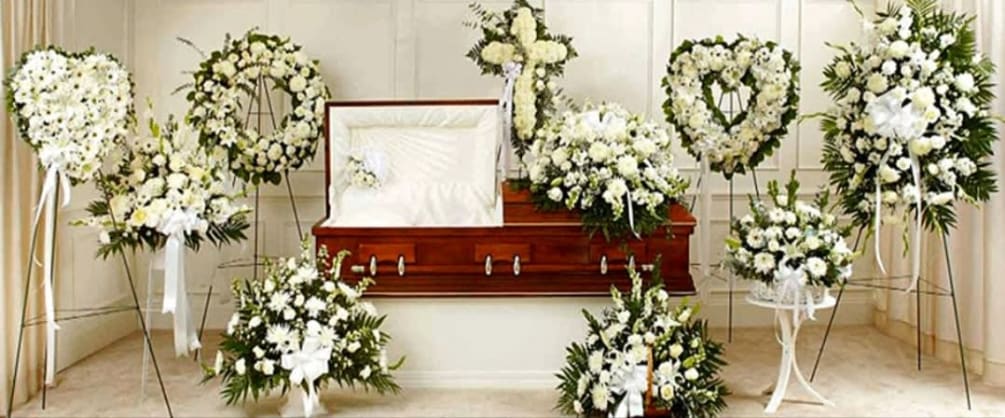 Set of 11 funeral flowers arrangement. Casket, wreath, cross, open heart, solid