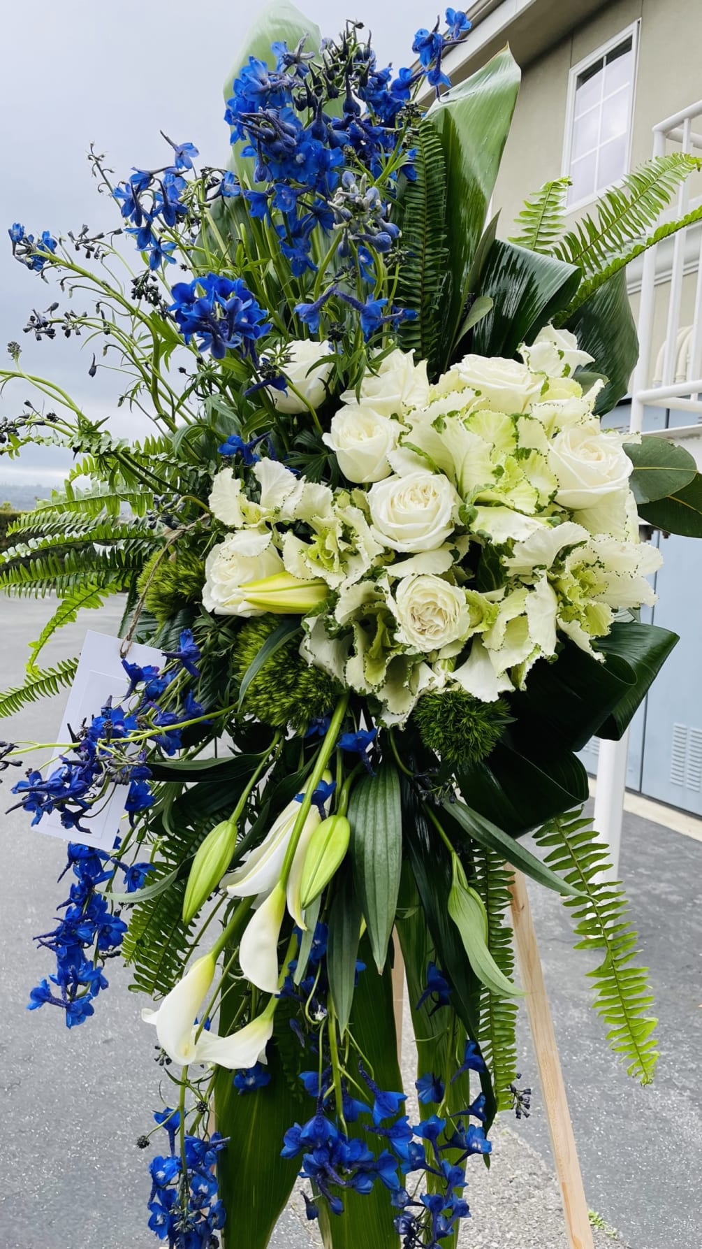 This beautiful spray consists of white roses, white lilies, white callas, blue