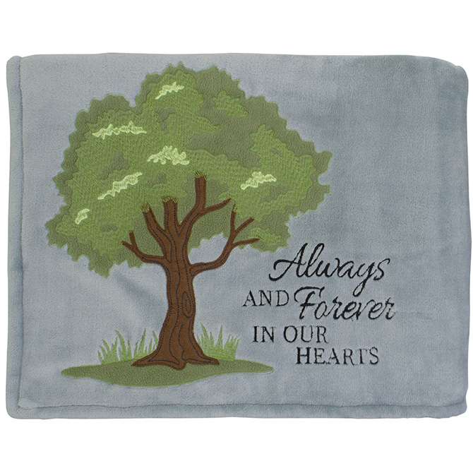 Our new keepsake blankets are made of 100% polyester. Featuring soft fleece