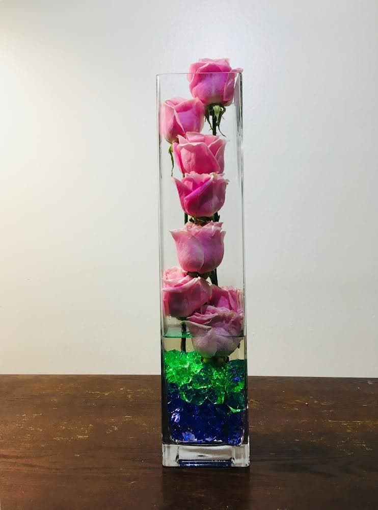 Pink Roses with Gems in tall glass 