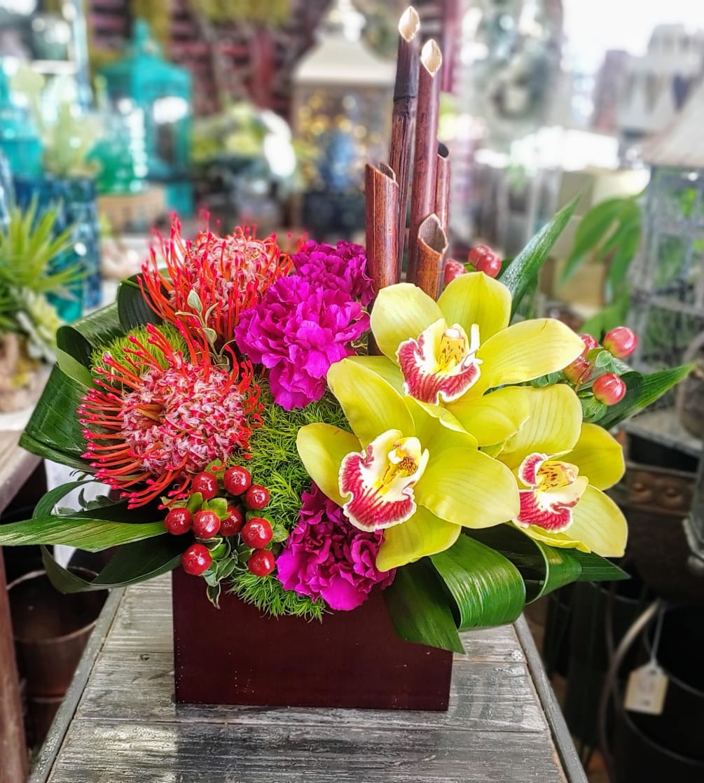 A petite tropical mix of orchids and pincushion protea arranged in a