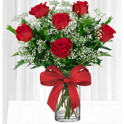 6 red roses in a vase with baby&#039;s breath and greenery 