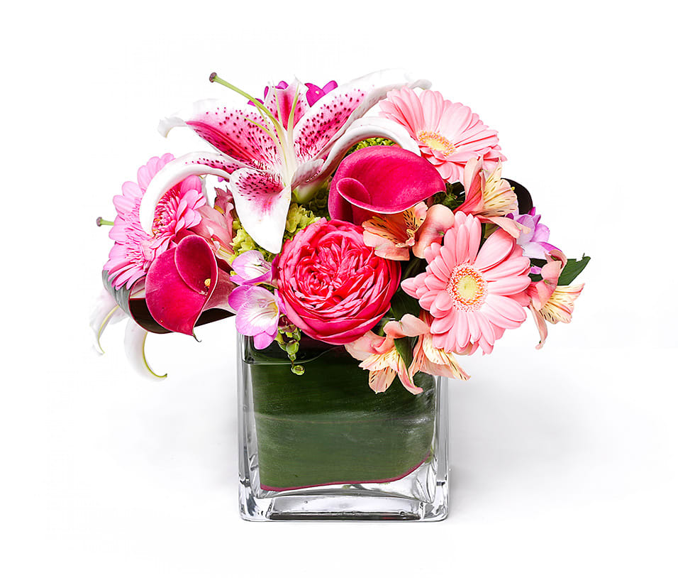 A unique square vase filled with pink gerbera daisies, freesia, miniature Cala