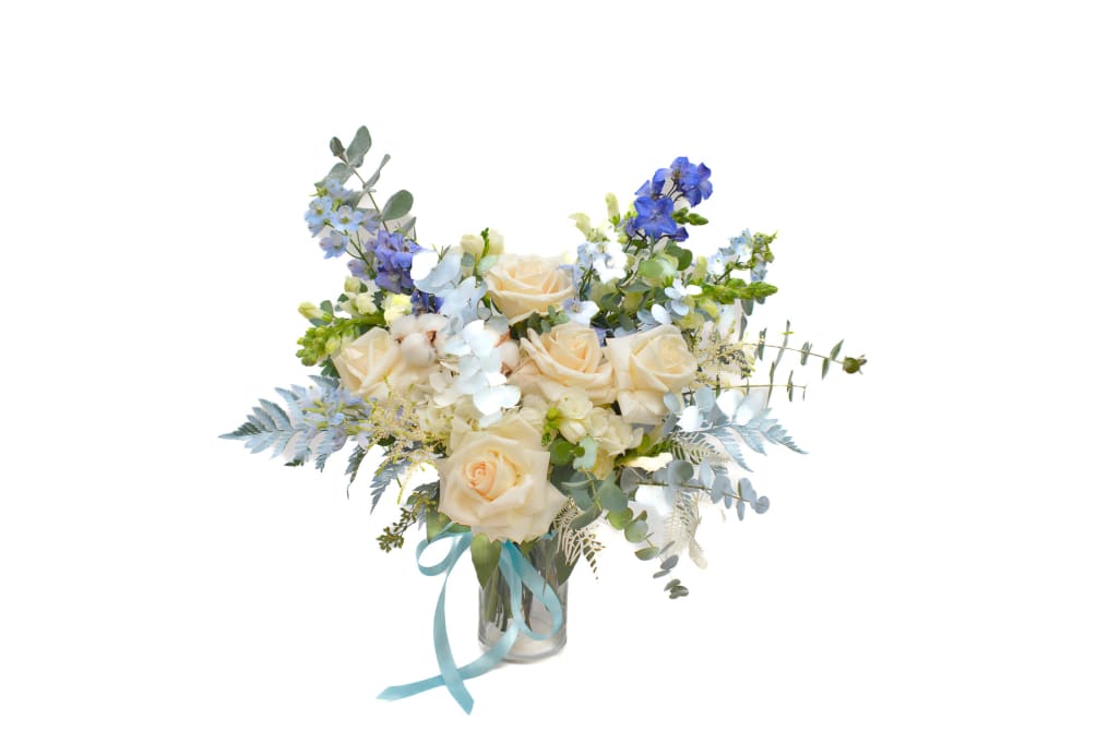 Take a dip into a towering display of blue delphinium and white