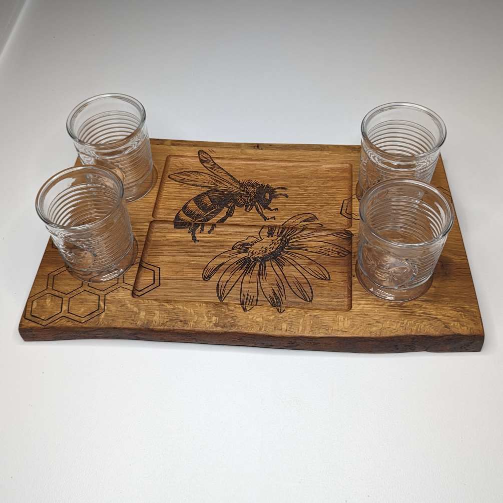 Locally made.
Introducing our Wooden Tray Set, featuring four glasses arranged on both