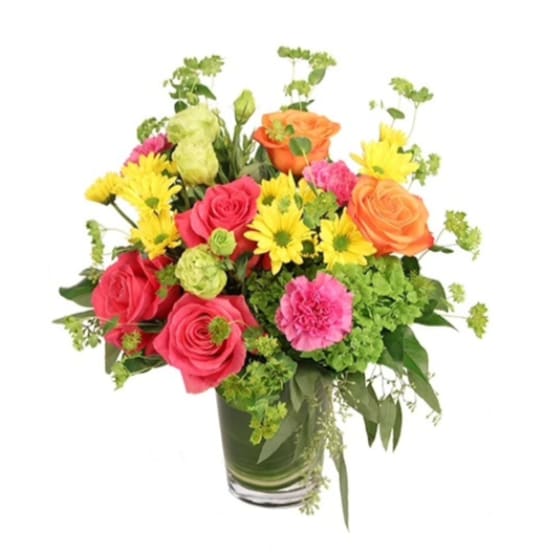 Surprise someone today with this bright festive vase arrrangement of trendy pink