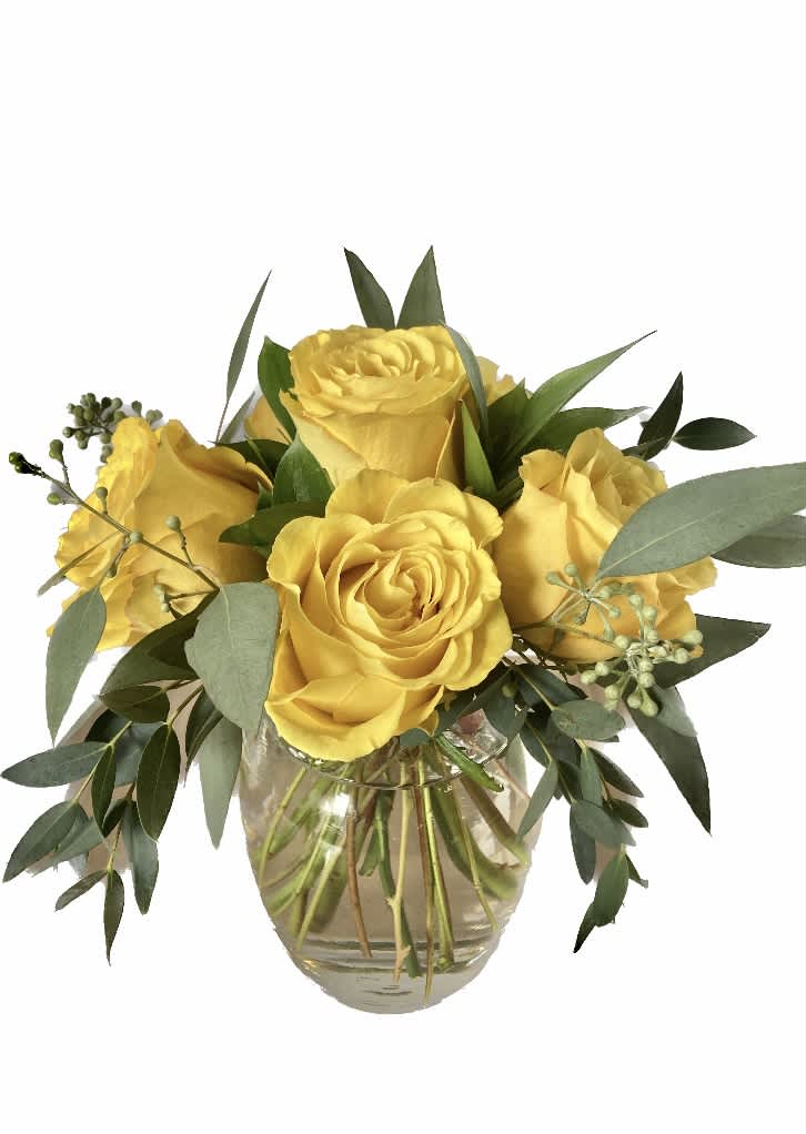This is a modern take of a traditional half dozen yellow roses.