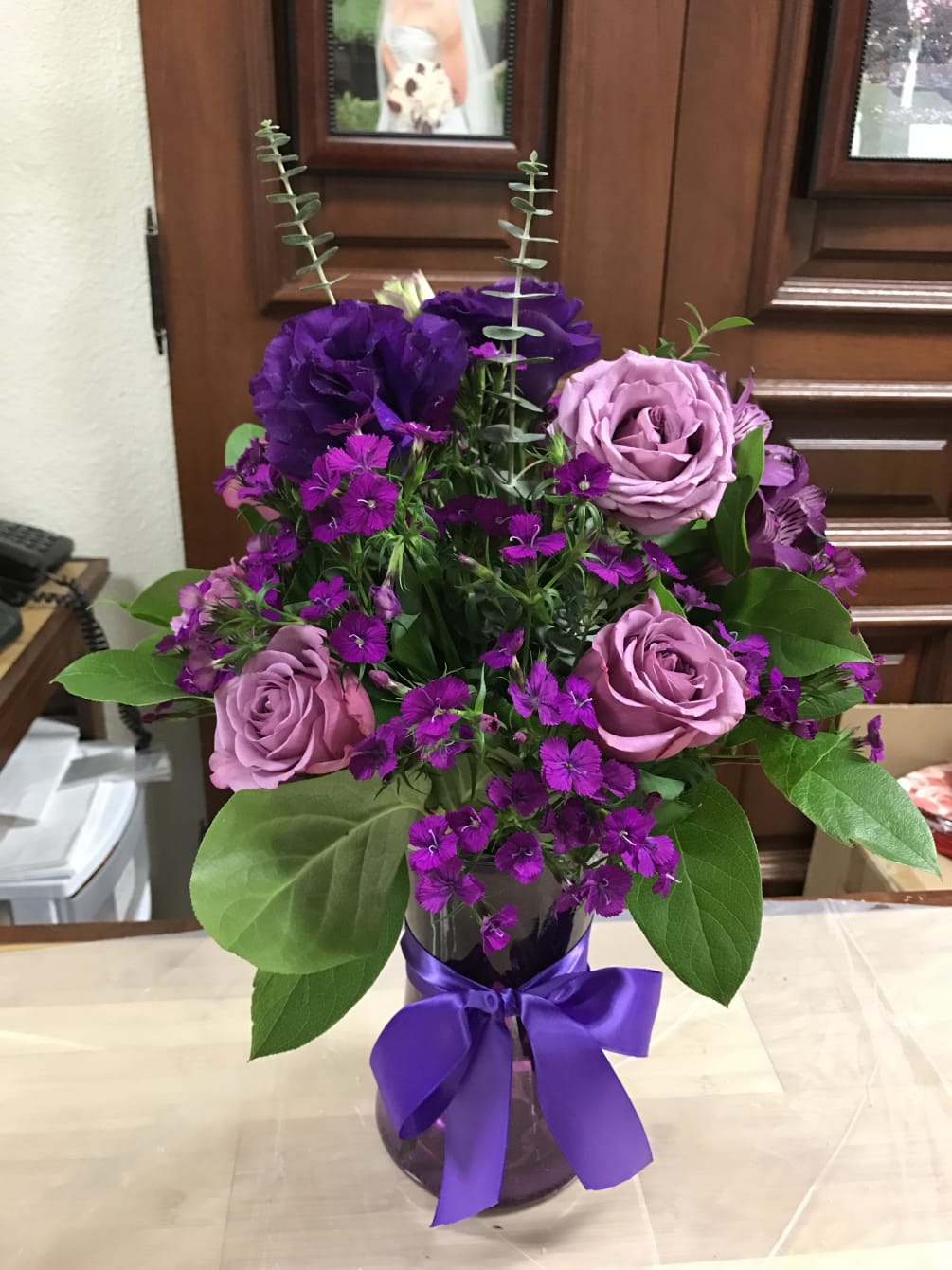 Lavender Roses, Purple Lisianthus, Purple Alstromerias, Sweet William and Baby Blue Eucalyptus
