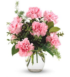Cylinder vase with mixed greens and pink carnations. Just a little something