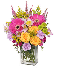 8&quot; rectangular vase
foliage: leather leaf
myrtle tips
2 hot pink gerberas
3 golden yellow roses
4
