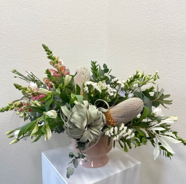 Captivating Banksia with fresh flowers and an extra large xerographica tillandsia to