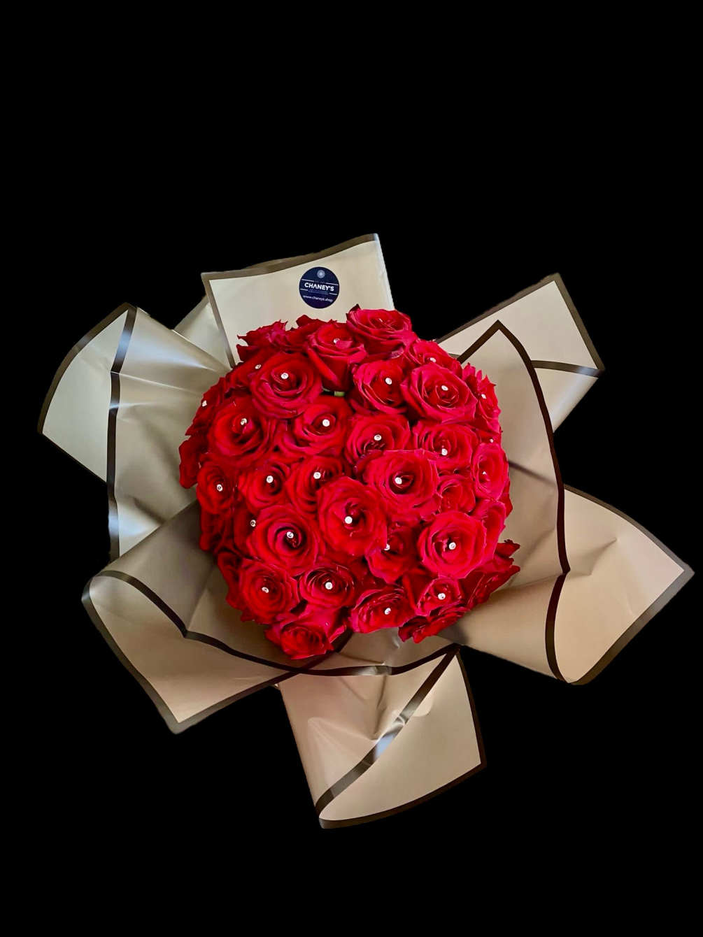 Unique and luxury wrap design with 3 dozen red roses. Each hand