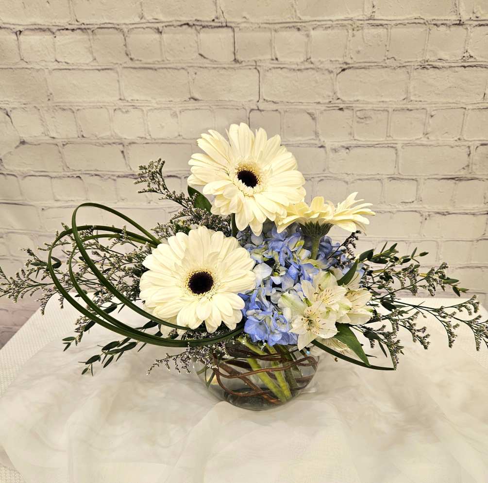 Blue and white blooms perfect for a desk or hospital room. 
