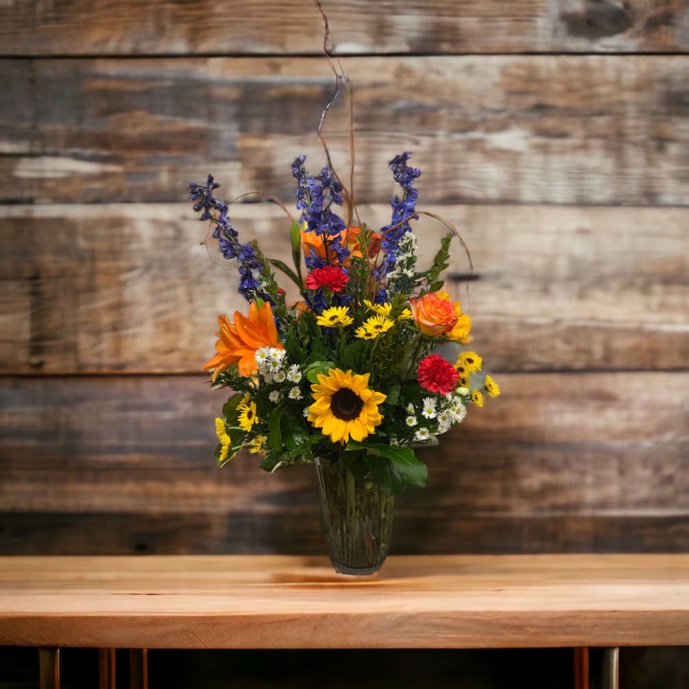  Big Beautiful vase of sunflowers, lilies, delphinium, roses, carnations, daisies and