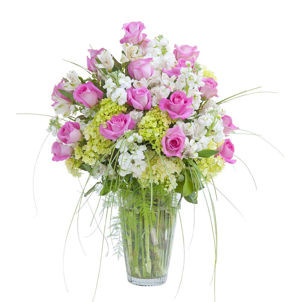 Pink Roses, white Alstroemeria and stock, accented with soft green Hydrangea, and