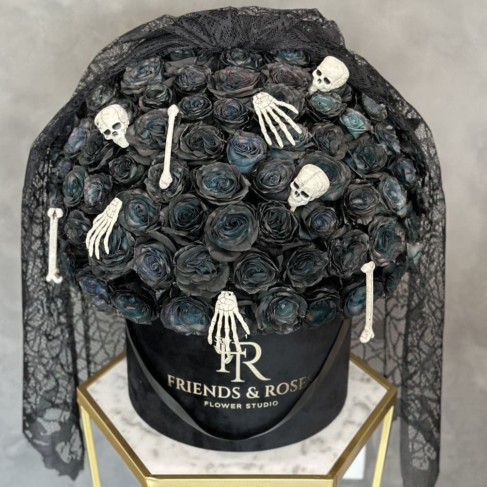 100 rare black roses in a large signature box decorated with skeletons