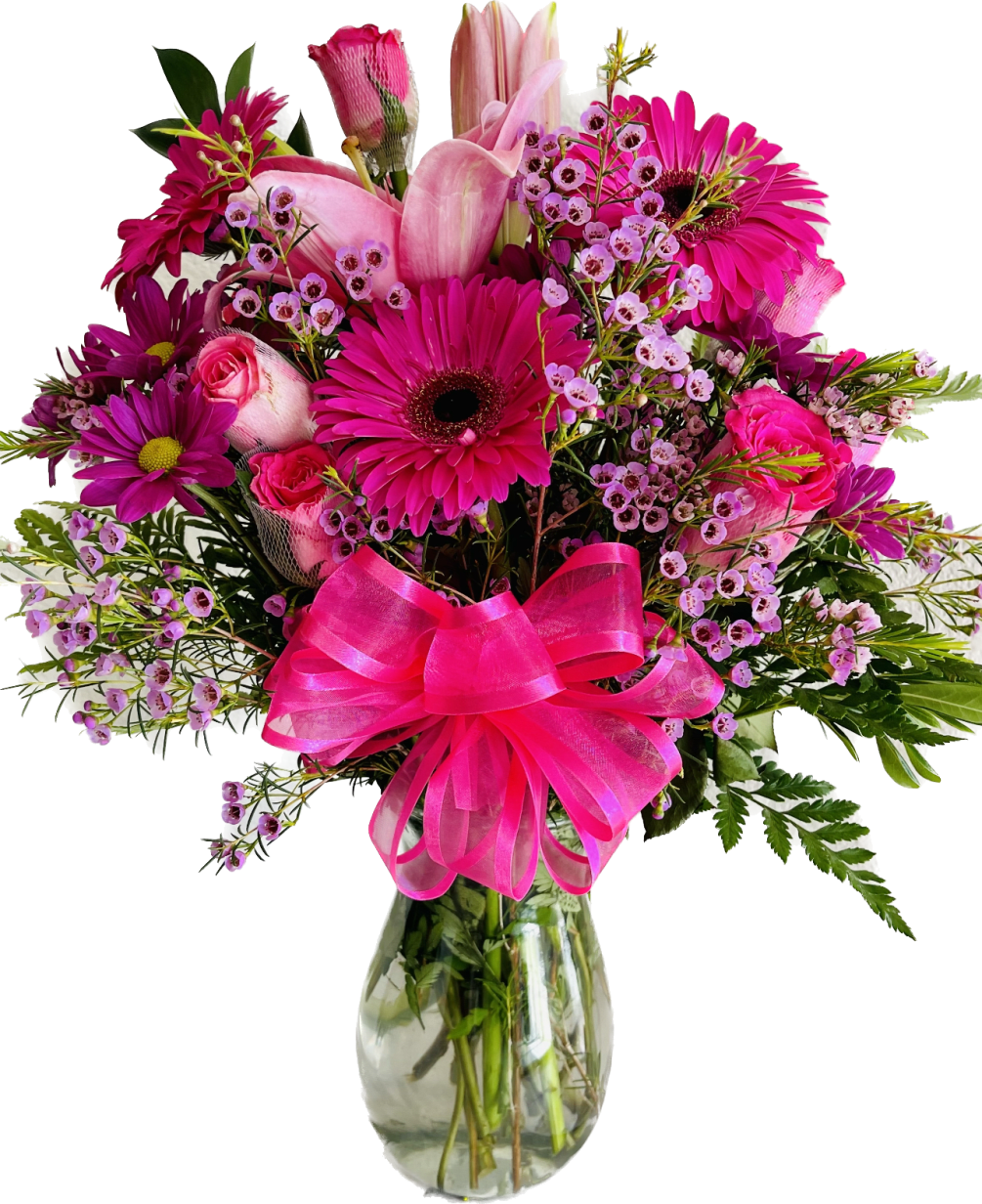 An arrangement with pink an lavender mixed flowers that will definitely tell