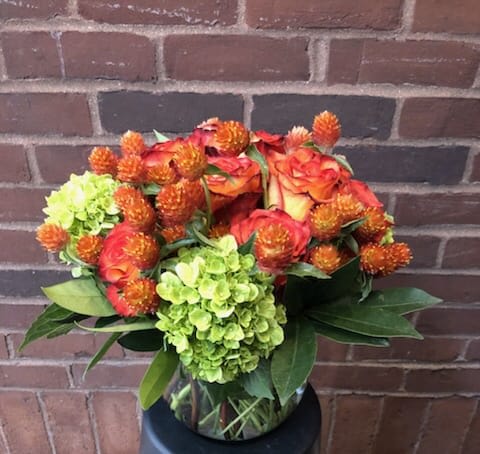 A beautiful selection of fall color blooms. Rose, hydrangea, gomphrina all embraced