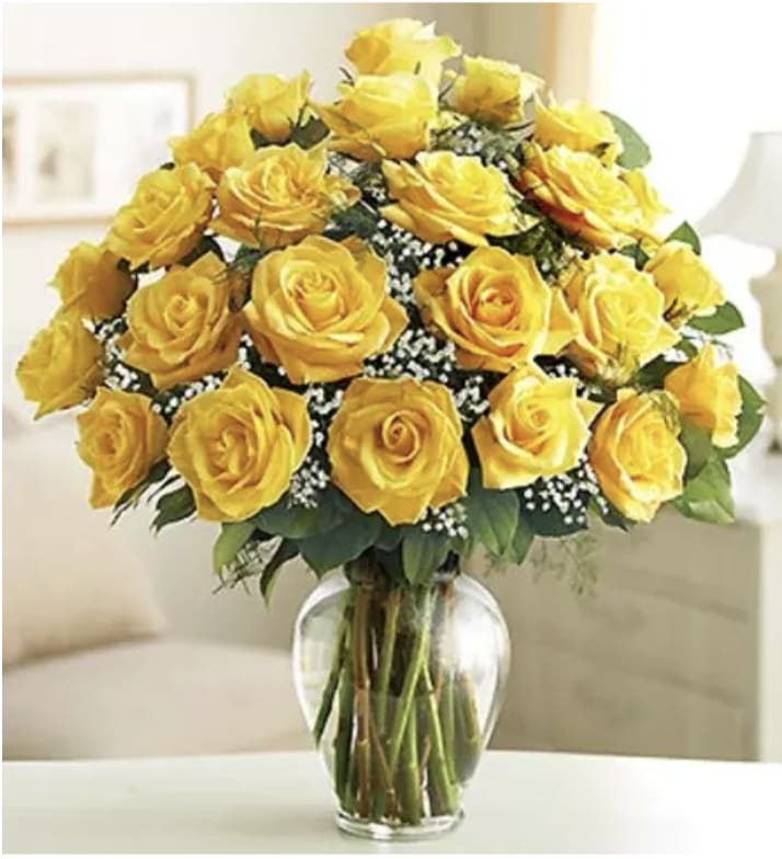 Two dozen yellow roses withs babys breath in a vase.