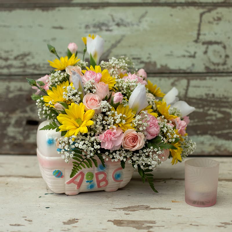 Welcome to the world baby girl! This cute arrangement in a keepsake