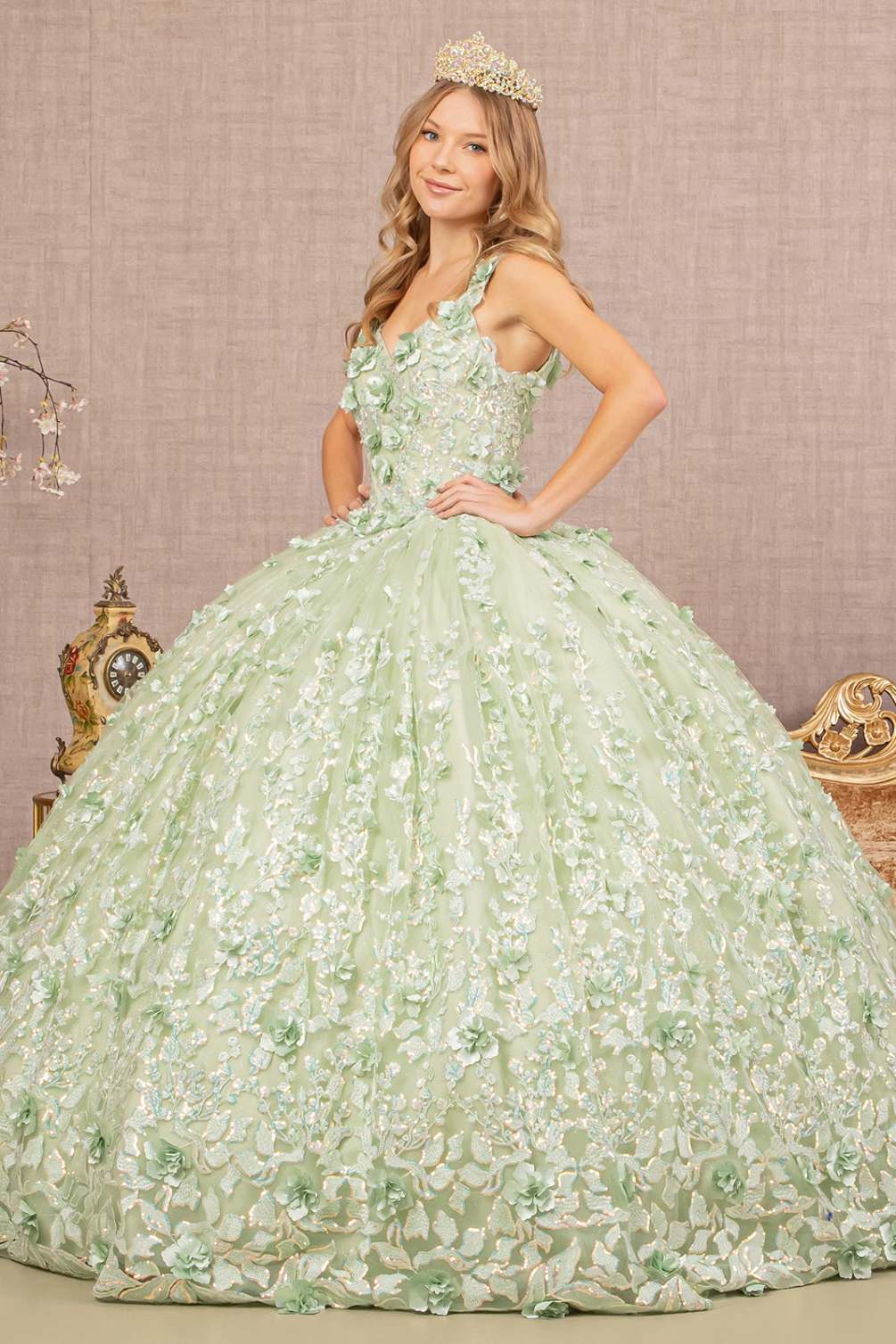 Jewel Embroidery 3-D Flower Mesh Ball Gown w/ Corset Back

This quinceanera ball