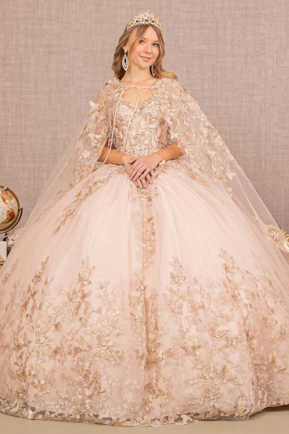 
Jewel Mesh Quinceanera Gown w/ 3-D Butterfly Appliques and Long Mesh Cape
Fabric: