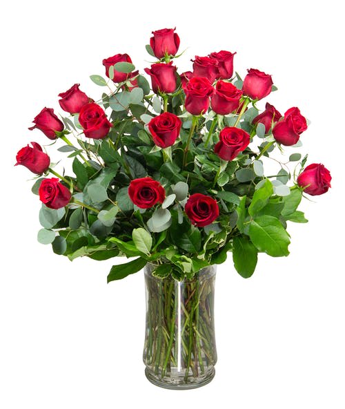 2 Dozen long-stem 
Red roses with Greenery and filler in a glass