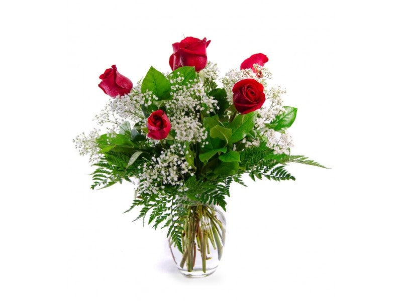 6 red roses in a vase with Greenery and baby&#039;s breath
