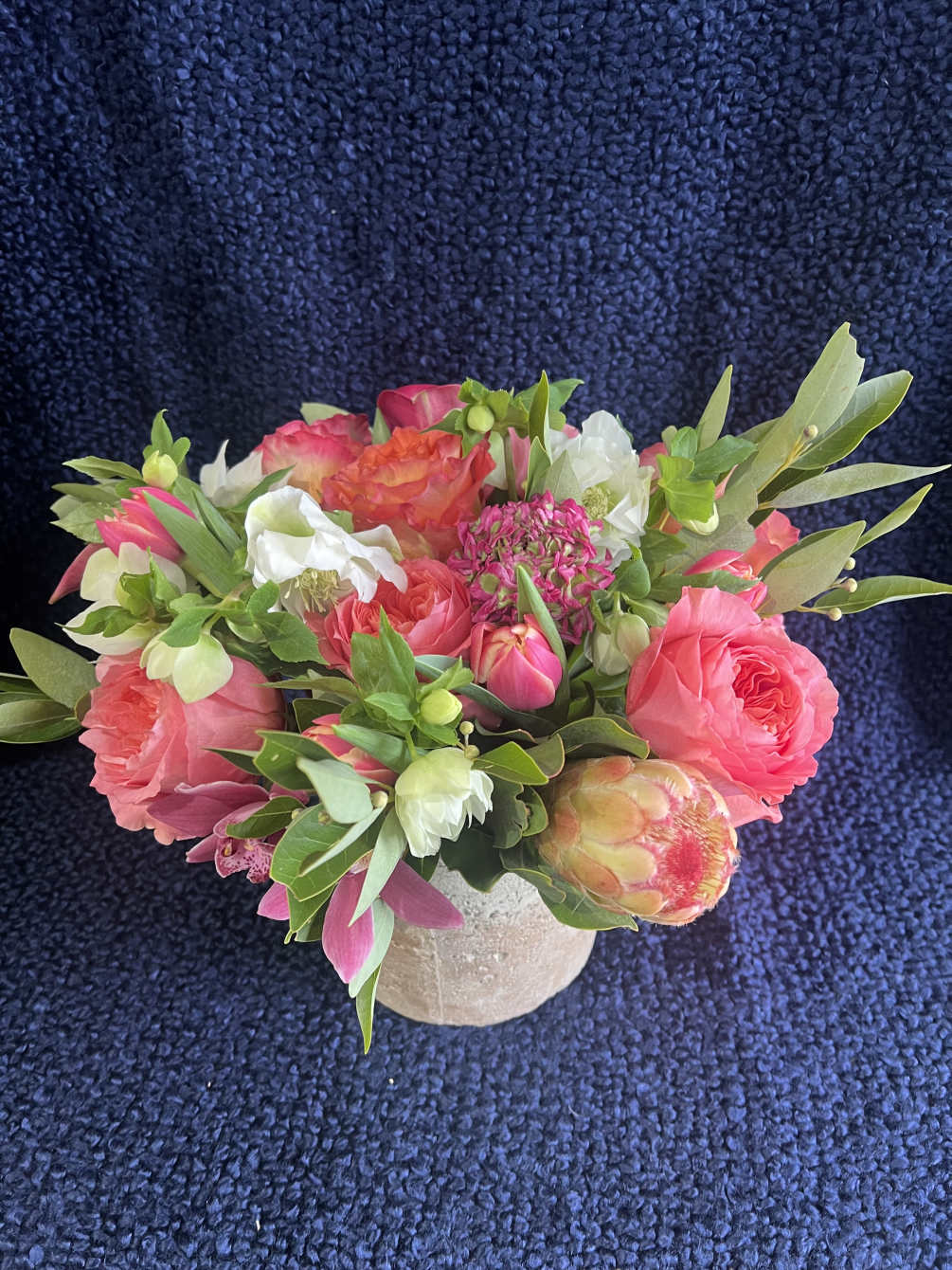 Grandiflora protea accented with free spirit, candy expression tulips, ranuculus, mini-cymbidium orchid