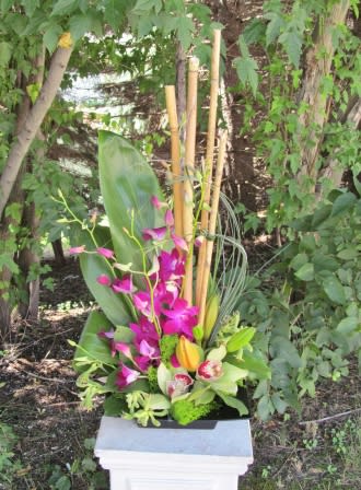 A stylized tropical mix of orchids accented with Bamboo shoots and tropical